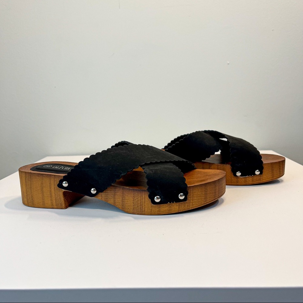 Olivia Miller Wood Clog Sandals Black Cross Strap Size 8